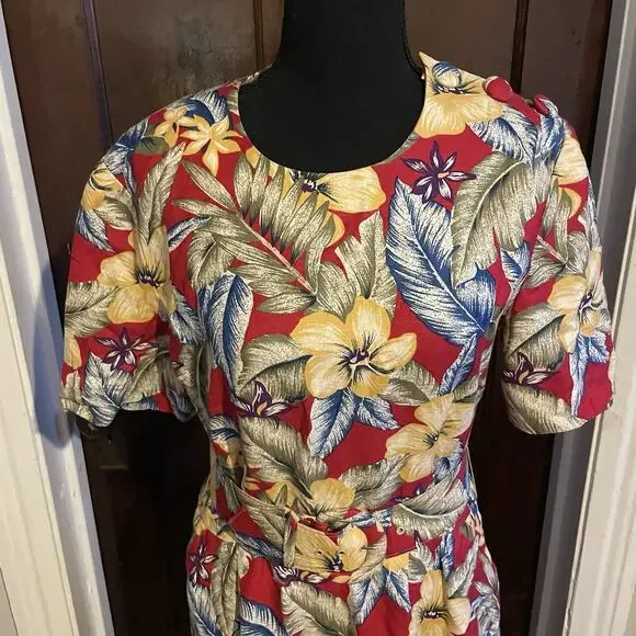 Vintage 90s Talbots Womens 8 Belted Linen Blend Short Sleeve Hawaiian Dress USA - Picture 14 of 15